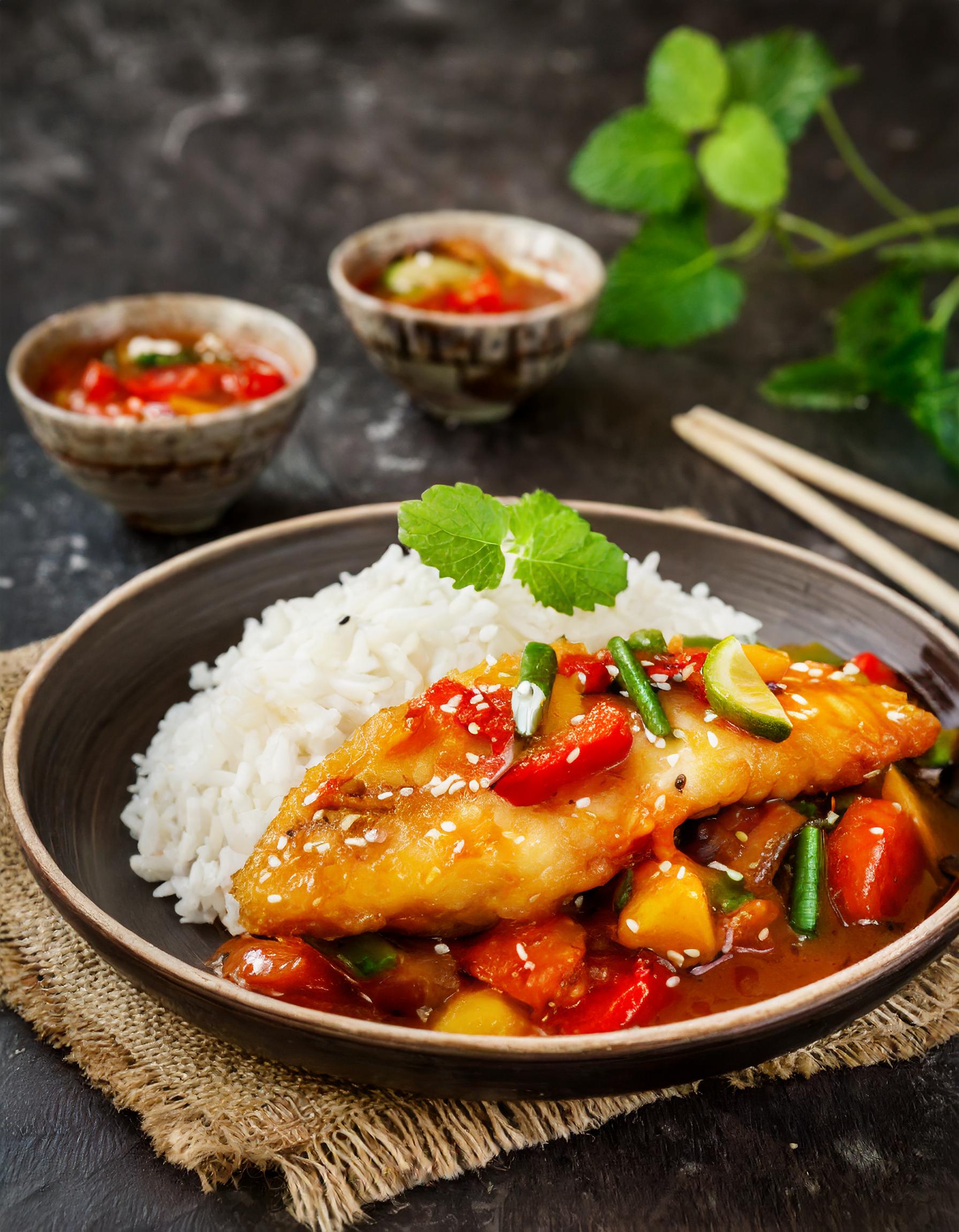 Zoetzure groenten met gebakken pangasius en rijst